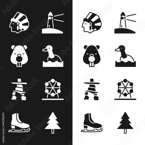 Set Flying duck, Beaver animal, Native American Indian, Lighthouse, Inukshuk, Ferris wheel, Christmas tree and Skates icon. Vector