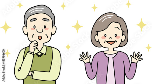 目を輝かせるおじいさんとおばあさんのイラスト（上半身）