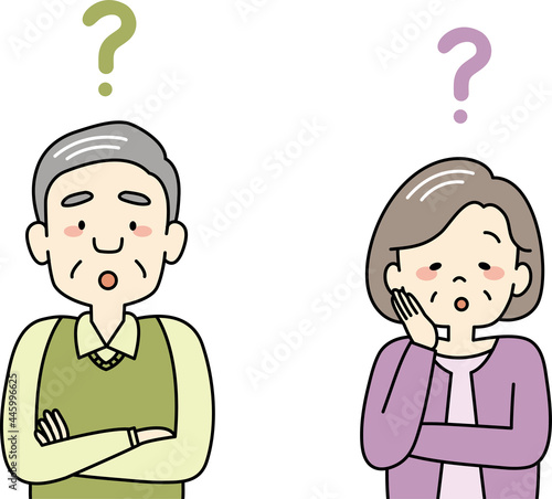 疑問を抱くおじいさんとおばあさんのイラスト（上半身）