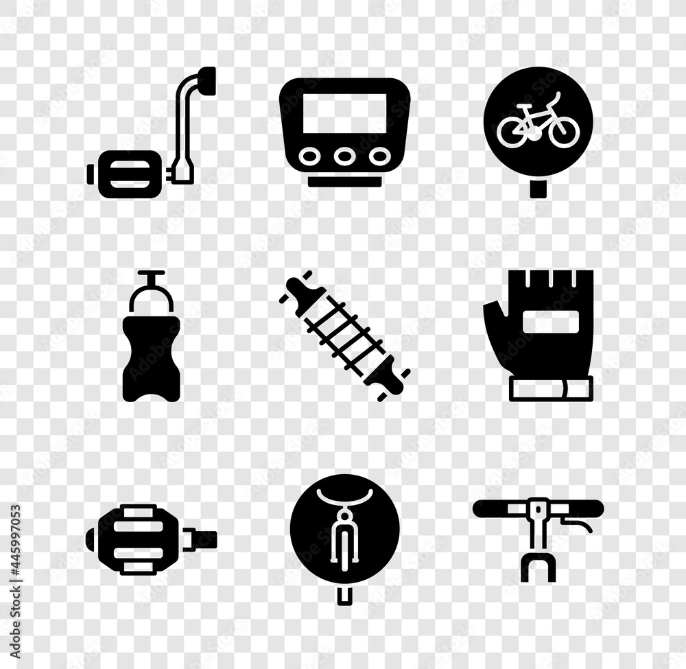 Set Bicycle pedal, speedometer, handlebar, Sport bottle with water and suspension icon. Vector Set Bicycle pedal, speedometer, handlebar, Sport bottle with water and suspension icon. Vector