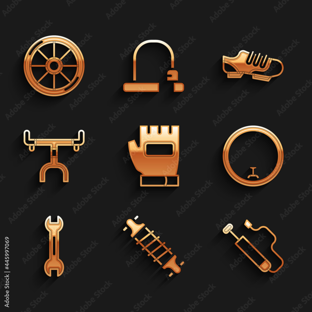 Set Gloves, Bicycle suspension, air pump, wheel, Wrench spanner, handlebar, shoes and icon. Vector Set Gloves, Bicycle suspension, air pump, wheel, Wrench spanner, handlebar, shoes and icon. Vector