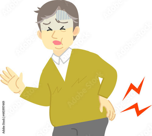 腰痛で腰に手を当て痛がる表情シリーズ：幅広い年代の成人男性対応　肥満体型の中高年世代
