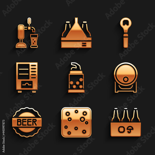 Set Bottle opener, Beer bubbles, Pack of beer bottles, Wooden barrel on rack, cap with, Vending machine, and tap glass icon. Vector