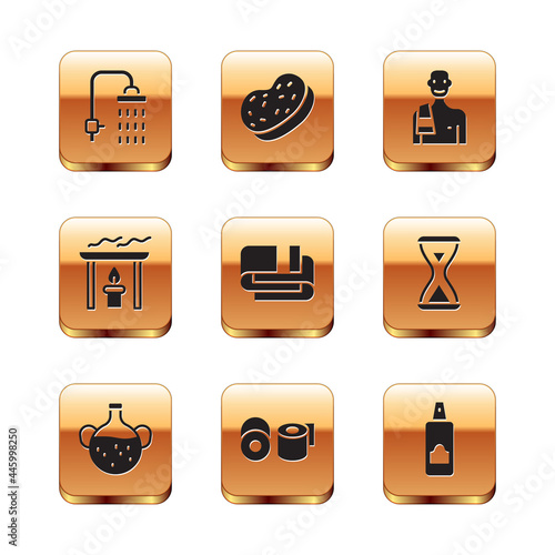 Set Shower, Essential oil bottle, Toilet paper roll, Towel stack, Aroma candle, Man in the sauna, Spray for hairspray and Bath sponge icon. Vector