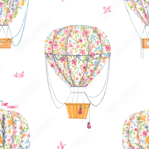 Beautiful vector seamless pattern with cute watercolor hand drawn air baloons with gentle flowers. Stock illustration.