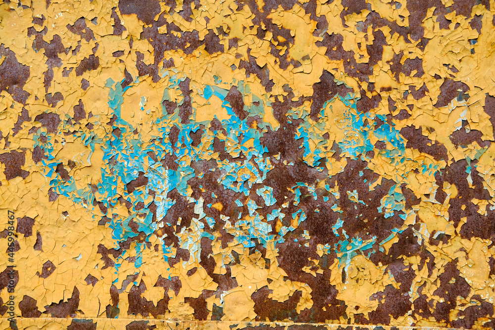 Broken shabby paint on rusty iron sheet, grunge surface Broken shabby paint on rusty iron sheet, grunge surface