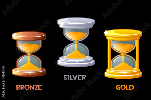 Golden, silver, bronze hourglass for measuring the time for game.