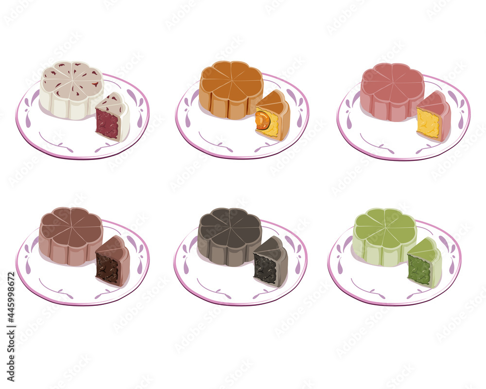 Isolated plate of mooncake in different flavours on white background. Whole and cutting mooncake on dish. Asian food hand drawing vector illustration. Close up mooncake.  