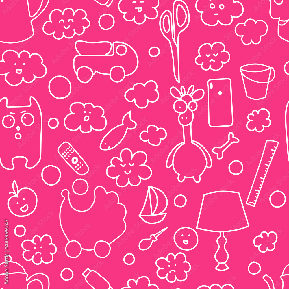 Seamless pattern, household items toys, cactus, dishes. Kavayny faces Seamless pattern, household items toys, cactus, dishes. Kavayny faces