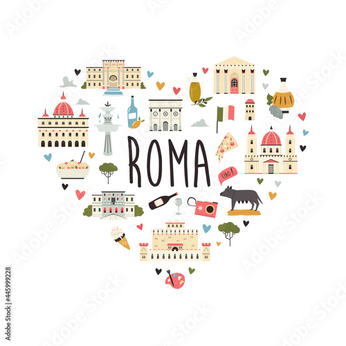 Tourist abstract design with famous destinations and landmarks of Rome.
