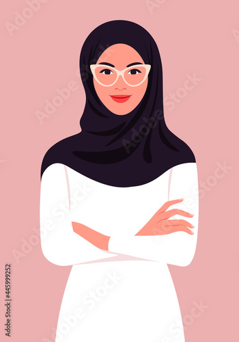A portrait of a muslim woman with crossed arms and a hijab. Office professions and religion. A businesswoman. Vector flat illustration