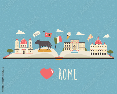 Tourist poster with famous destinations and landmarks of Rome.
