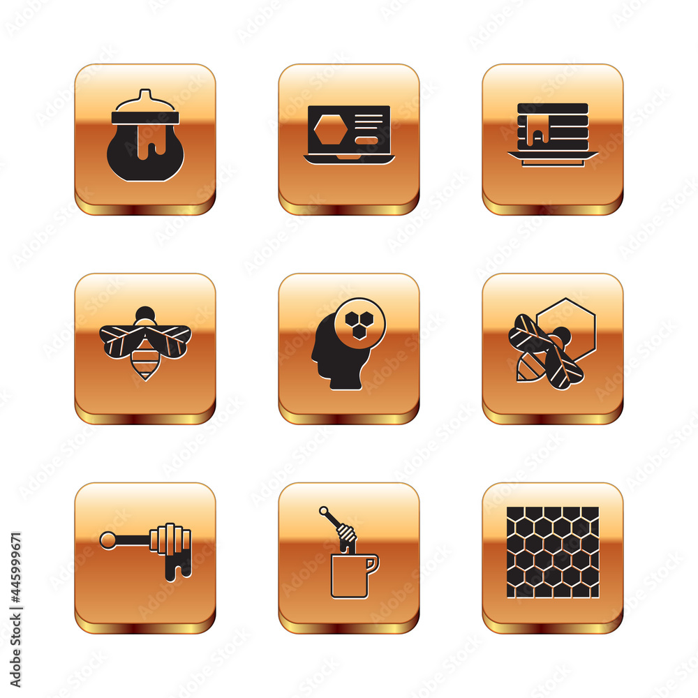 Set Jar of honey, Honey dipper stick with, Beekeeper, Stack pancakes, Honeycomb and online service icon. Vector Set Jar of honey, Honey dipper stick with, Beekeeper, Stack pancakes, Honeycomb and online service icon. Vector