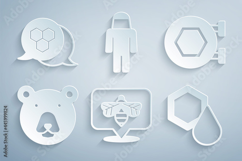 Set Bee, Hanging sign with honeycomb, Bear head, Honeycomb, Beekeeper protect hat and icon. Vector