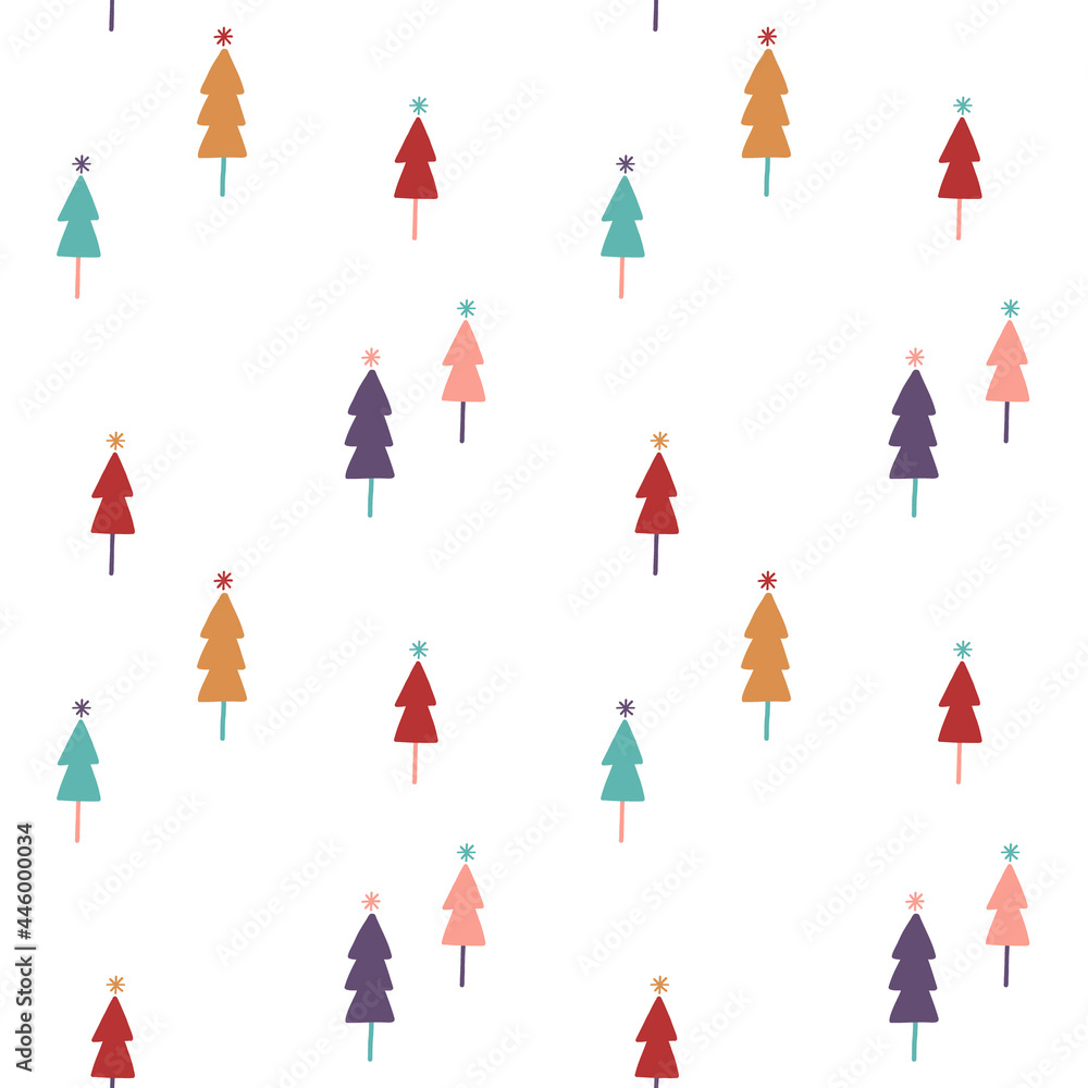 Colorful and cute seamless pattern for winter holidays with hand drawn trees.