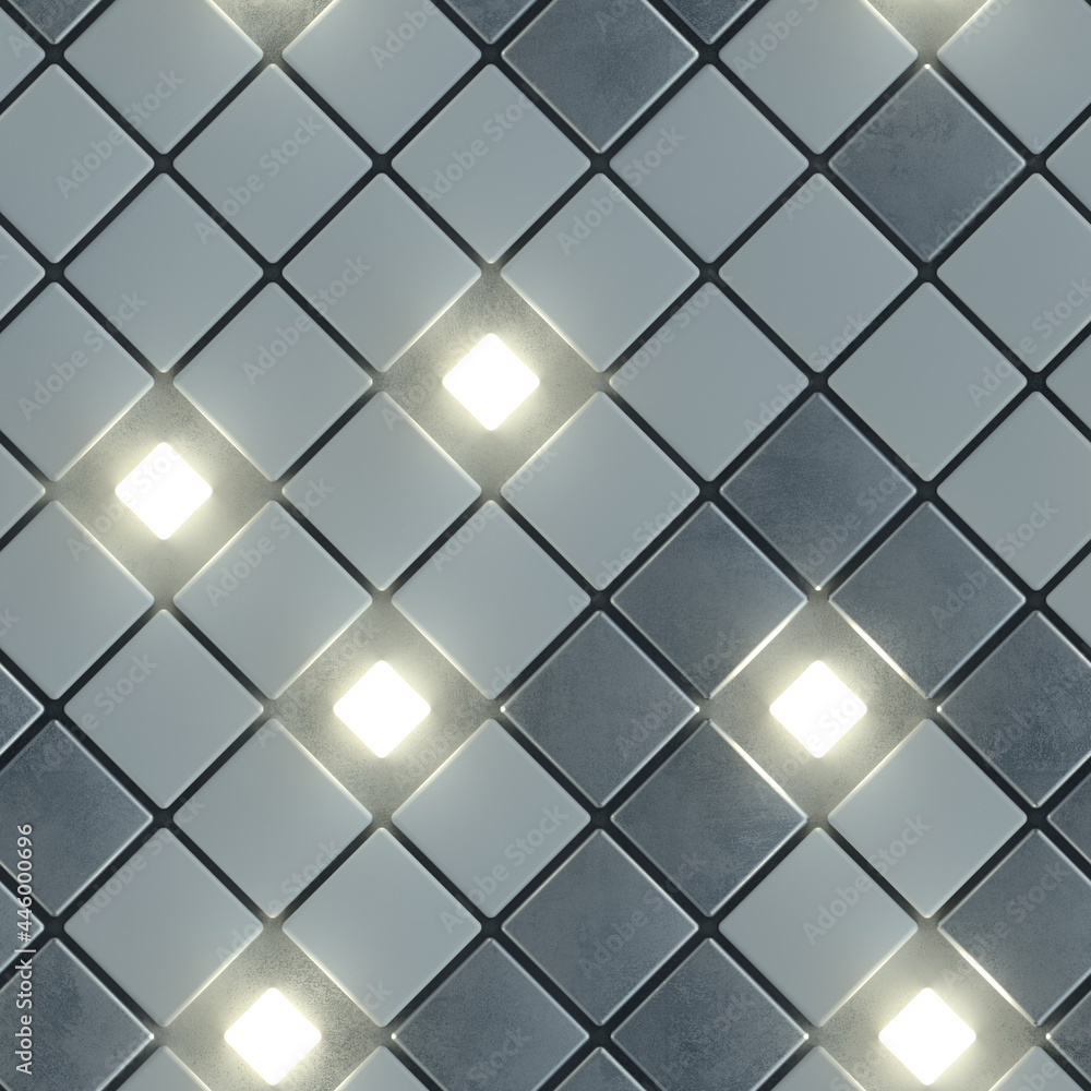 Obraz premium Seamless pattern of gray concrete and illuminating cubes 3D render
