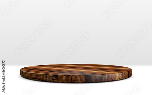 Circle, Rounded Dark Wood Podium for product presentation on white Background, 3D illustration, 3D rendering