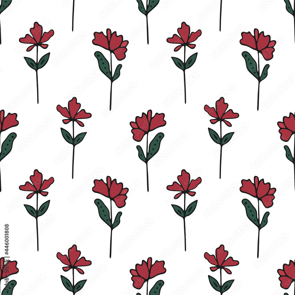 Seamless pattern with flowers and leaves. Vector hand drawn illustration. Tulips. The print is used for Wallpaper design, fabric, textile, packaging. Seamless pattern with flowers and leaves. Vector hand drawn illustration. Tulips. The print is used for Wallpaper design, fabric, textile, packaging.