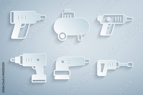 Set Electric sander, cordless screwdriver, Rotary hammer drill machine, Air compressor and icon. Vector