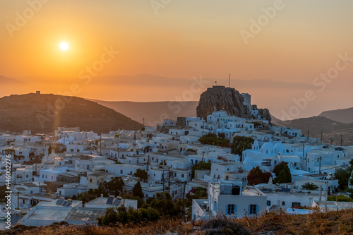 Title: scenic golden hour view in Chora Amorgos Greece