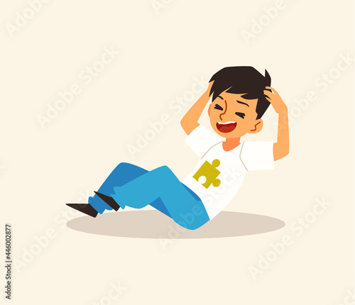 Child with autism sits on the floor and yells flat vector illustration isolated.