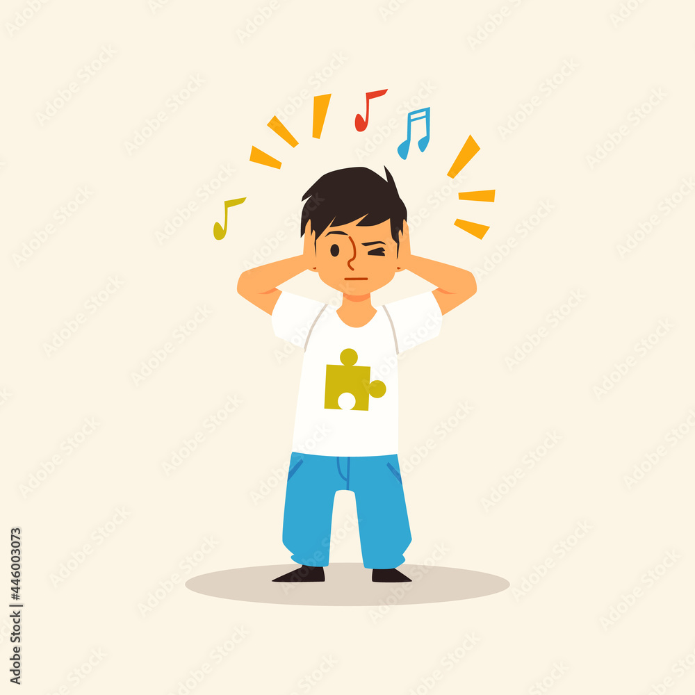 Child autist covers his ears from outer sounds flat vector illustration isolated. Child autist covers his ears from outer sounds flat vector illustration isolated.