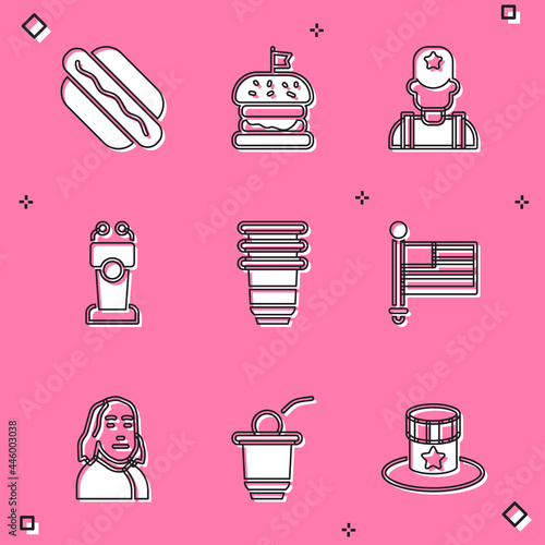 Set Hotdog sandwich, Burger, Sheriff cowboy, Stage stand or tribune, Paper glass, American flag, Benjamin Franklin and Beer pong game icon. Vector