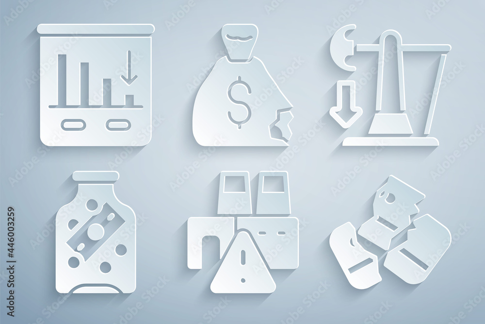 Set Shutdown of factory, Drop in crude oil price, Glass money jar with coin, Credit card, Money bag and Pie chart infographic icon. Vector Set Shutdown of factory, Drop in crude oil price, Glass money jar with coin, Credit card, Money bag and Pie chart infographic icon. Vector