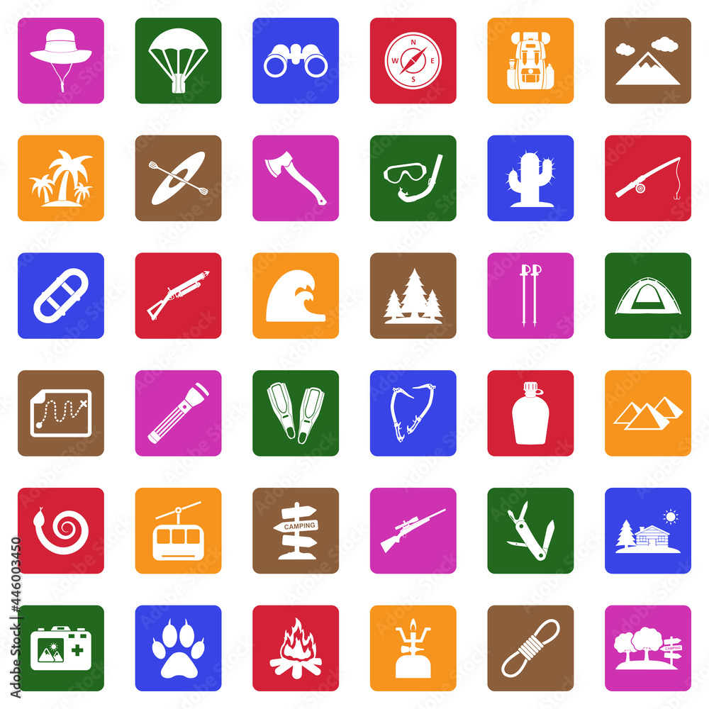 Fototapeta premium Adventure Icons. White Flat Design In Square. Vector Illustration.
