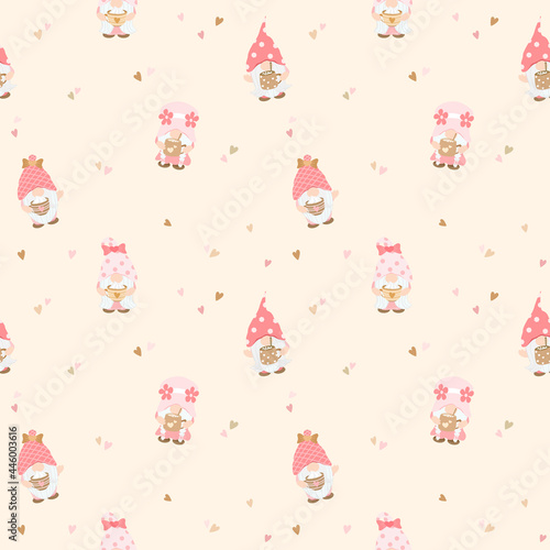 Vector - Abstract seamless pattern of Gnome holding coffee or chocolate cup with mini hearts.