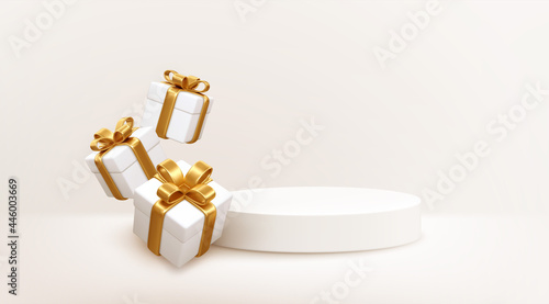 3d style Product podium scene with flying falling white gift box with gold bow. Merry Christmas and New Year festive banner design, greeting card. Vector illustration
