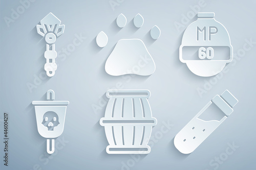 Set Gun powder barrel, Video game, Pirate flag, Bottle with potion, Bear paw footprint and Magic wand icon. Vector
