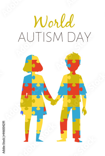 World autism day banner with kids silhouettes, flat vector illustration.