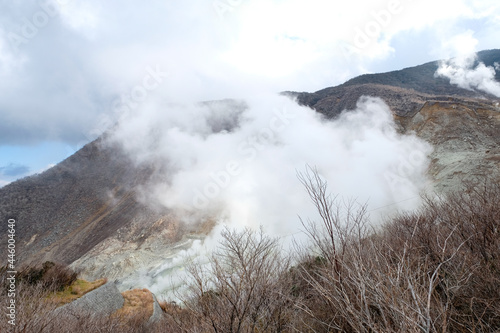 White smoky inside Owakudani Hell Valley ,smoky inside Hakone Boiling steam in Kami Mountain ,Japan