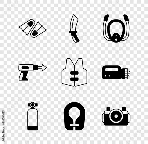 Set Flippers for swimming, Diving knife, mask with snorkel, Aqualung, Life jacket, Photo camera diver, Fishing harpoon and icon. Vector