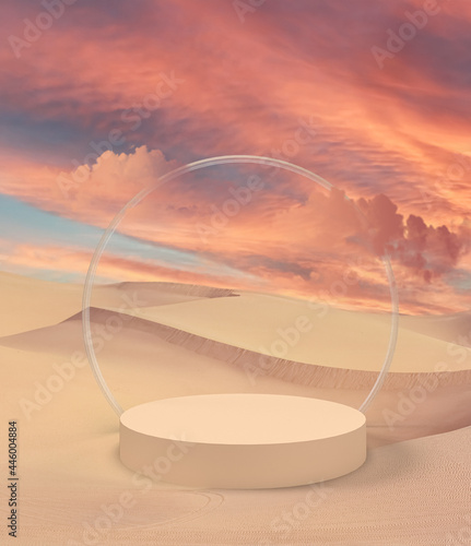 3d render abstract platform podium on waving curtains. Realistic pastel mock-up for products promotion. Abstract modern background with empty podium