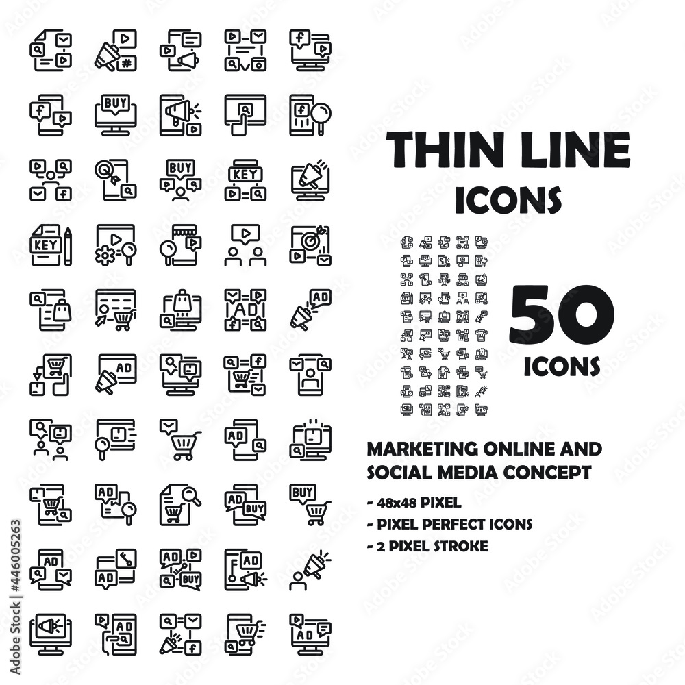 50 Icons set of Paper and Document Line icons. Such as smartphone, conputer, megaphone, etc. Signs for infographic, logo, app and website design. 48x48 pixel perfect. Linear symbols set.