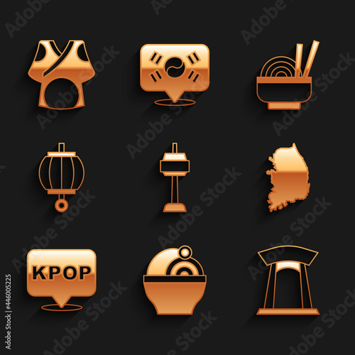 Set N Seoul tower in South Korea, Ramen, Korean gate, map, K-pop, lantern, Asian noodles bowl and Kimono icon. Vector