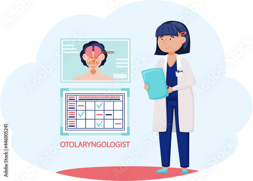 Otolaryngologist doctor with nose, ear and throat or ENT diagnostic and treatment instruments. Otology doctor with patient. Otorhinolaryngology healthcare medicine or otolaryngology diseases