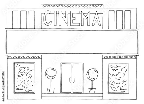 Cinema building exterior front view graphic black white isolated sketch illustration vector 