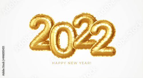 Happy new year 2022 metallic gold foil balloons on a white background. Golden helium balloons number 2022 New Year. Ve3ctor illustration