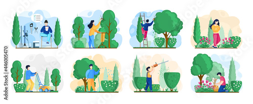 Seasonal gardening with characters of gardeners working in outdoor garden scenes set with people growing plants and flowers. Agriculture organic garden tillage and farming, plant care, gardening hobby