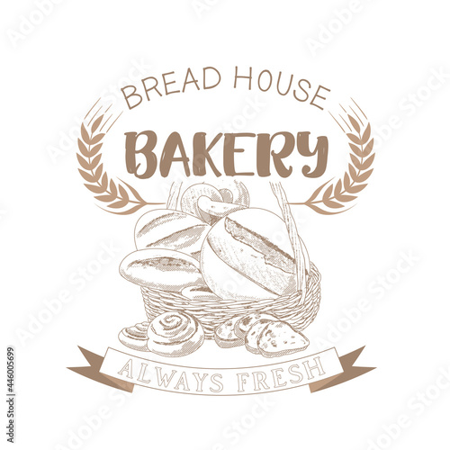A collection of bread and bakery confectionery products. Rye, wheat and whole grain bread. French baguette and wicker bun. Croissants, bagels, slices of bread. The concept of a bakery in a retro style