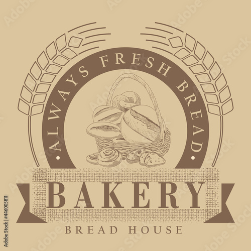 A set of bread in the basket. A loaf, a baguette and fresh pastries in the basket. The concept of a bakery in a retro style