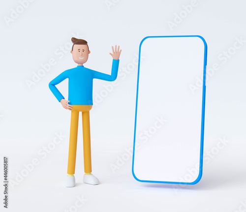 3d man standing next to a large white blank screen phone. for copypace. 3d Render illustration.