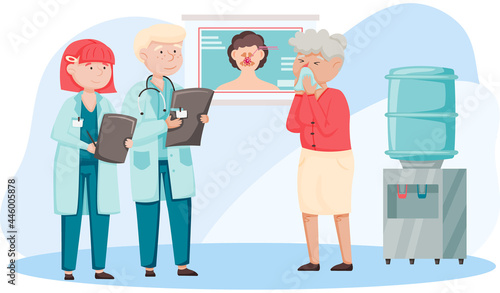 Otolaryngologist doctor with nose, ear and throat or ENT diagnostic and treatment instruments. Otology doctor with patient. Otorhinolaryngology healthcare medicine or otolaryngology diseases