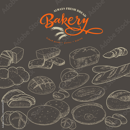 A collection of bread and bakery confectionery products. Rye, wheat and whole grain bread. French baguette and wicker bun. Croissants, bagels, slices of bread. The concept of a bakery in a retro style