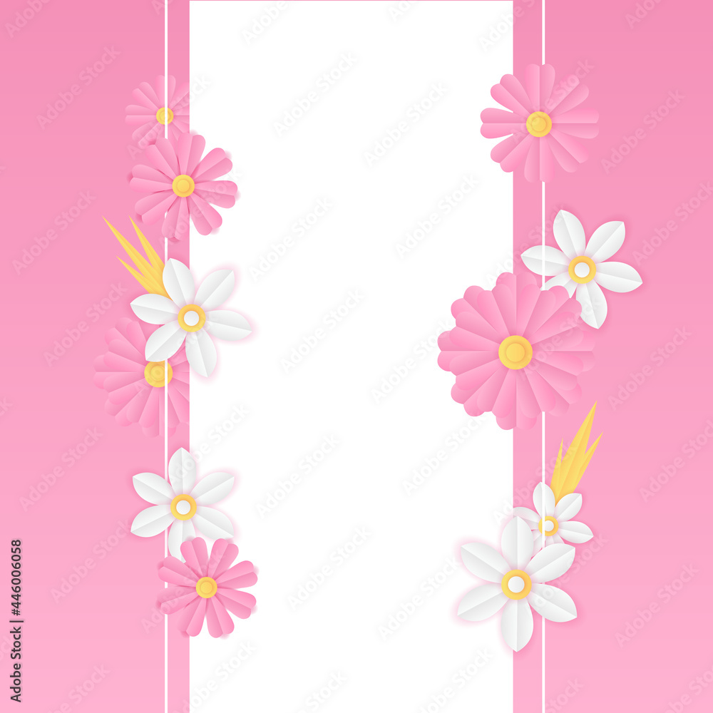 Social media post template with floral paper cut style element. Pink vector banner design templates in simple modern style with copy space for text, flowers and leaves. Wedding invitation backgrounds Social media post template with floral paper cut style element. Pink vector banner design templates in simple modern style with copy space for text, flowers and leaves. Wedding invitation backgrounds