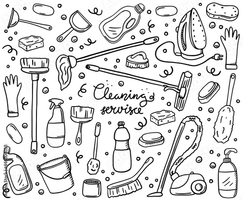 A set of cleaning products. Iron, vacuum cleaner, soap, mop. Cleaning. A hand-drawn cartoon collection of home cleaning items. Drawing doodles. Vector illustration