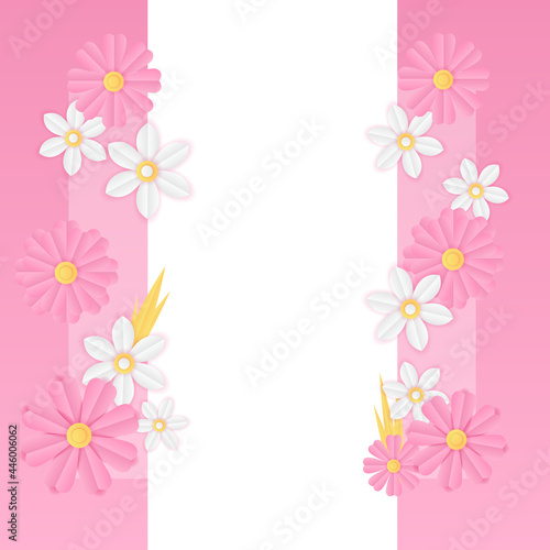 Social media post template with floral paper cut style element. Pink vector banner design templates in simple modern style with copy space for text  flowers and leaves. Wedding invitation backgrounds